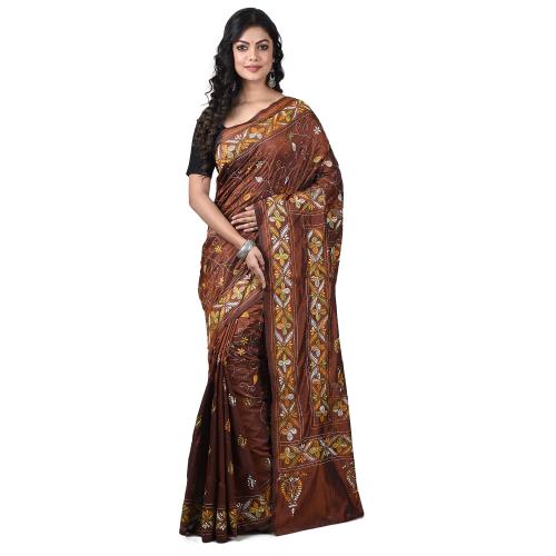 Aishani Collection Hand Embroidery Silk Kantha Stitch Handloom Saree with bp (Coffee)