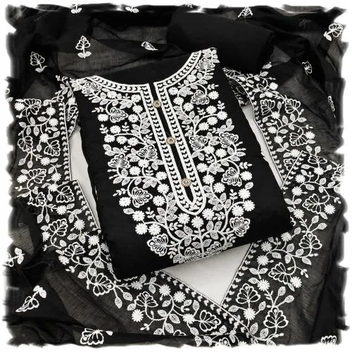 Sidhidata Women's Heavy Cotton Embroidery Work Unstitched Salwar Suit Dress Material With Chanderi Work Dupatta Black