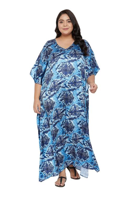 Riara Women Plus Size Kaftan Night Dress Poly Satin Maxi with Kimono Sleeves for Ladies Navy Blue