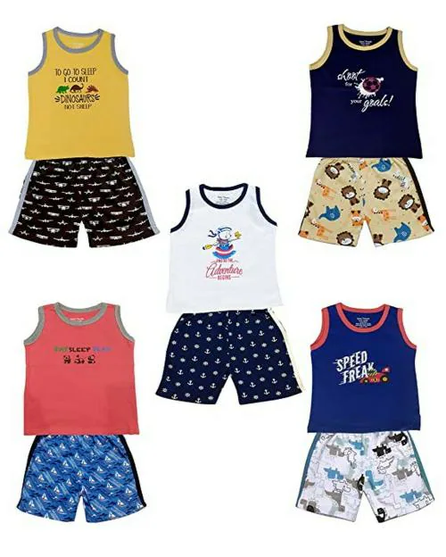 TotzTouch Baby Boys and Girls Multicolour Printed Cotton Combo T-Shirt and Shorts Set (Pack of 5)