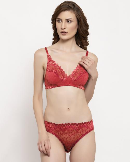 PIBU Women Net Bra Panty Set for Lingerie Set ( Pack of 1 ) ( Color : Red )