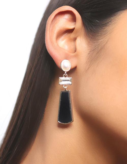 Ayesha Pearl, Rhinestone & Black Acrylic Gold-Toned Triple Geometric Drop Earrings