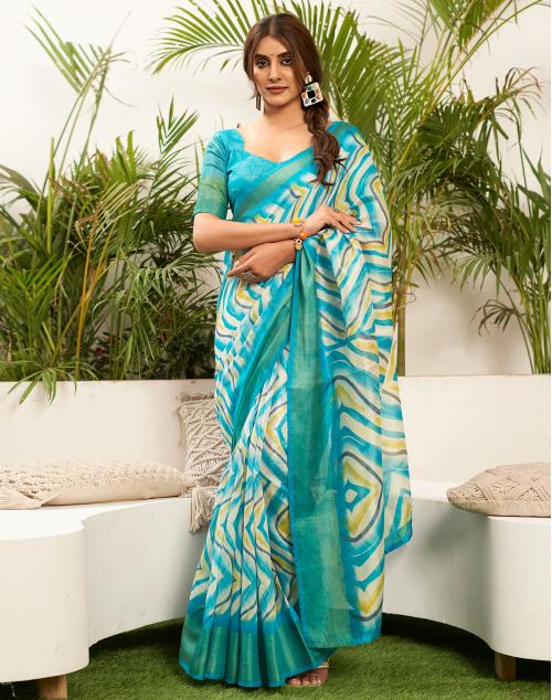 Siril Cotton Blend White & Blue Color Saree with Blouse piece