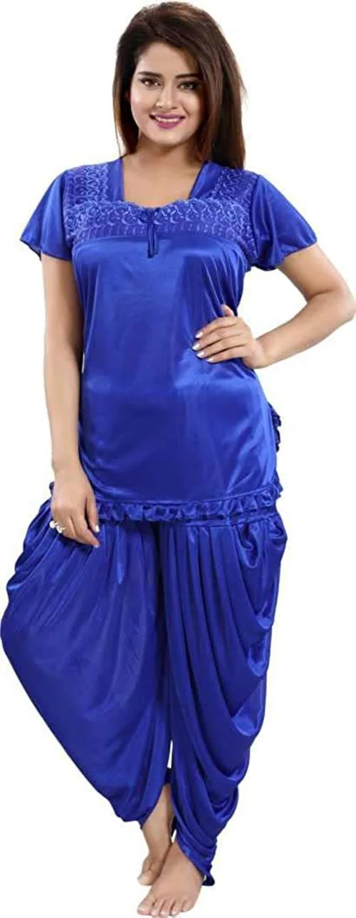 Kavanng Women's Satin Patiyala Nighty, Soft and Stylish Satin Nightwear for Women, Silky Night Suit Set, Fashionable Stylish Satin Patiyala Nightwear for Women (L, Blue)