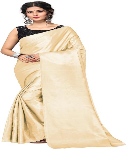 Aruna Sarees Solid/Plain Bollywood Satin Saree (Beige)