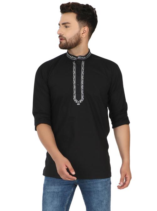 SKAVIJ Men's Cotton Embroidered Regular Fit Short Kurta ( X-Large ,Black)