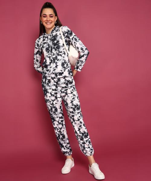 Popwings Women Casual Self Design Black & White Tie & Dye Printed Sweatshirt & Jogger Co-Ords Set | Women Tracksuits | Top and Bottom Set | Joggers and Sweatshirt Combo Set