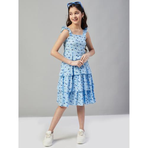 StyloBug Girls Blue 100% Rayon Square Neck Above Knee Casual Fit And Flare Dress