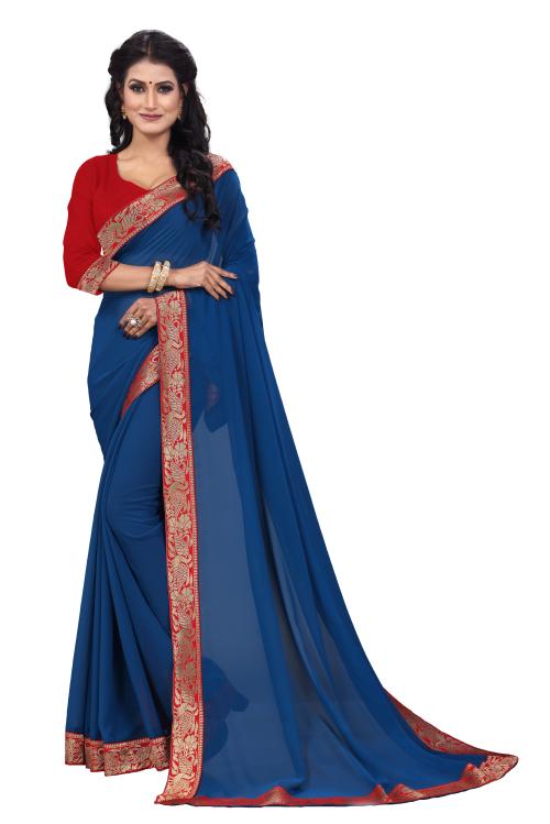 sadika women's solid plain daily wear morpich blue georgette saree
