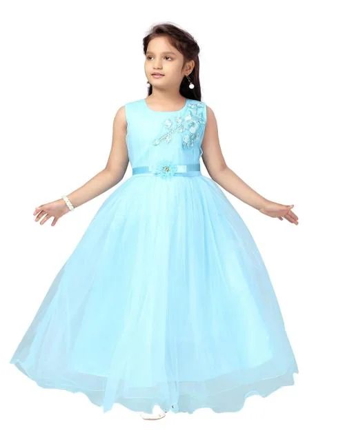 Muhuratam Girls Turquoise Colour Embroidery Work Gown