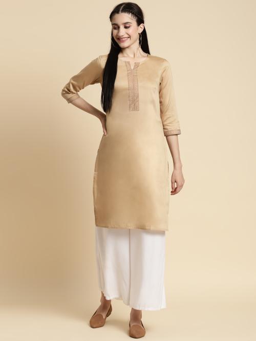 Rangita Women Beige Gold Printed Placket Knee Length Straight Kurti