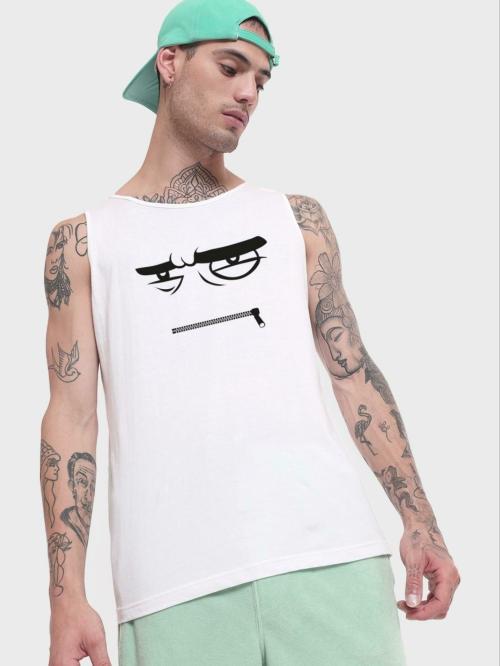 Bewakoof Men's White Graphic Print Round Neck Sleeveless Loose Fit Vest