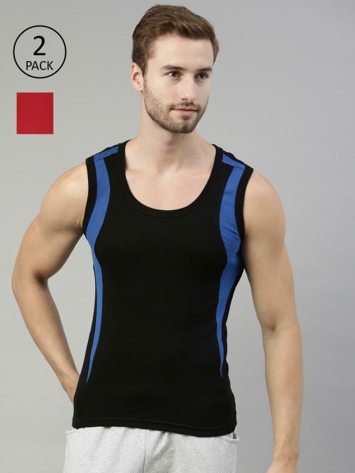 Dixcy Scott Originals Men's Black with Royale Blue, Red with Dark Grey Colorblock 100% Cotton Pack of 2 Sleeveless Vest