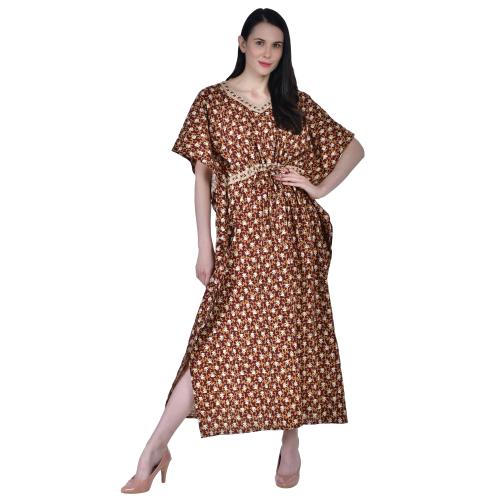 Shararat Women's Brown Printed Cotton Kaftan