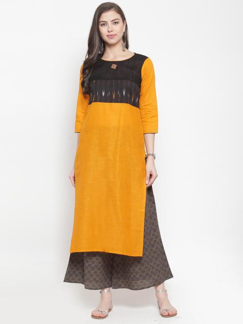KSUT Women Mustard Yellow & Black Ikat Yoke Design Straight Kurta