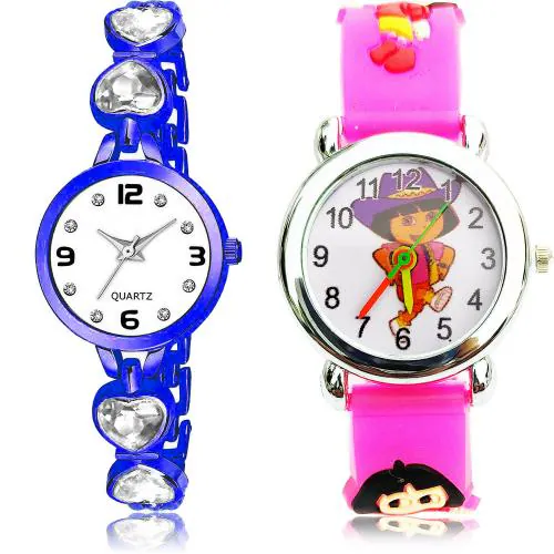 GROOT Best Tread Love Heart Chain And Dora The Explorer Kids Blue And Pink Colour Analog Metal And Plastic Belt 2 Watch Combo For Women And Girls - G658-GC191