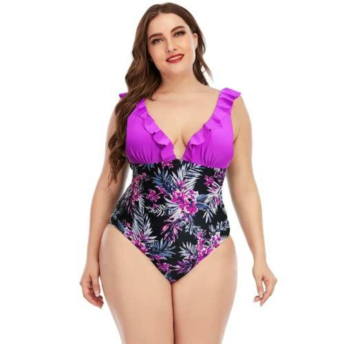 Plus Curvves Plus Size Purple One Piece Swimsuits Deep V Neck - 5XL
