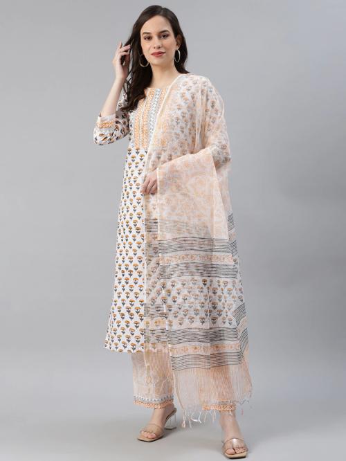 AHIKA Women White Pure Cotton Printed Kurta and Palazzo Set (L)