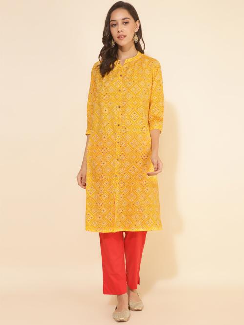 Janasya Women's Yellow Cotton Bandhani Printed A-Line Kurta