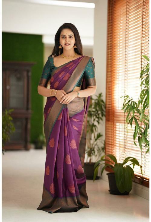 NIMIDIYA Women Wine, Rama Woven Design Jacquard Kanjivaram Saree With Unstitched Blouse Piece (Free Size)