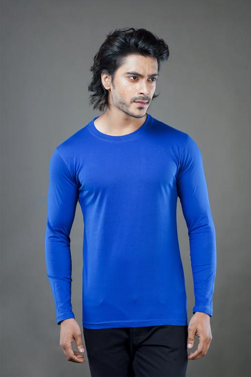 Tuedd Men's Full Sleeves Round Neck Regular Fit Premium Cotton Solid Royal Blue T-Shirt
