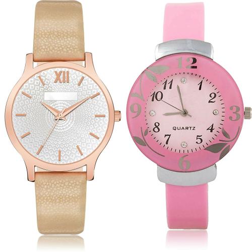 NEUTRON Brand New Chronograph Embossed Designer Dial And Flower Brown And Pink Colour Analog Genuine Leather And Plastic Belt 2 Watch Combo For Women And Girls - GM343-G26