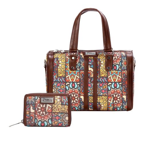 ZEBCO BAGS Branded Women's Handbag Jute Printed Bag Ladies Shoulder Purse and Removable Sling Strap & Mini Wallet with Free Tiffin Bag (Vintage Kantha)