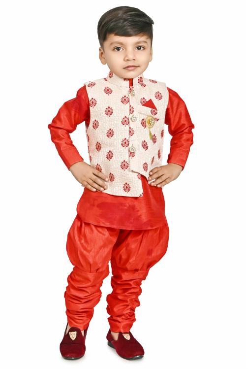 Kavshil Dupion Silk Red Kurta Set with Jacket