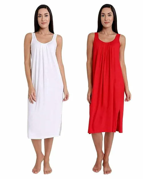 TWGE Cotton Full Length Camisole for Women - Long Inner wear Petticoat - Plus Size Nighty - Kurti and Suit Slip - White & Red Pack of 2