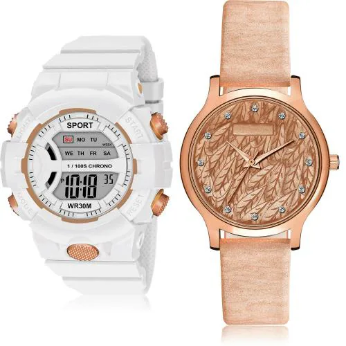 TIMENTER Modern Casual Digital Kids Watch And Girls Watch White And Brown Colour Digital And Analog Plastic And Genuine Leather Belt 2 Watch Combo For Women And Girls - DG37-GM334