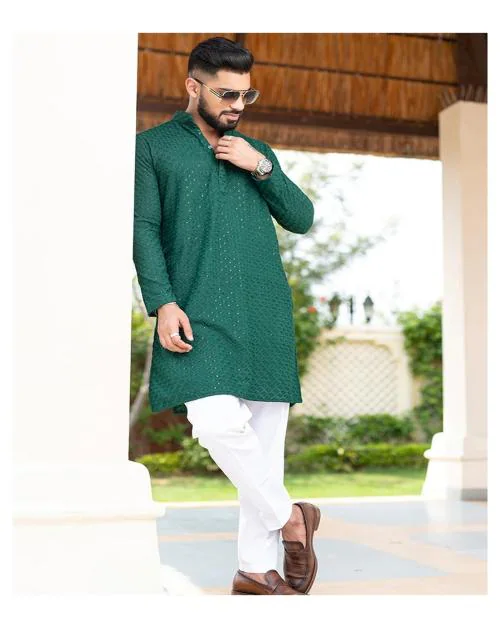 CRYSTAL REVENUE Men's Cotton Ethnic Motifs Mirror Work Kurta Set For Festival And Wedding Wear (Green) - XX-Large