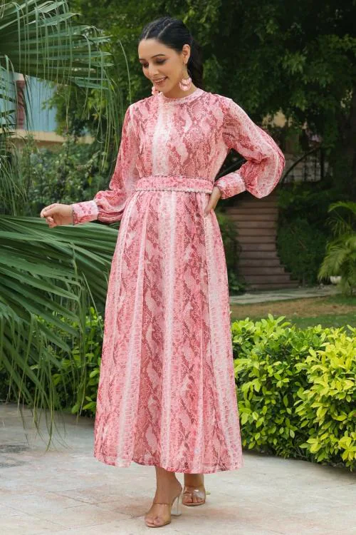 Juniper Women's Peach Chiffon Printed Flared Maxi Dress