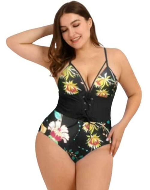 Plus Curvves Plus Size Swimwear Black Print Monokini Set - 5XL