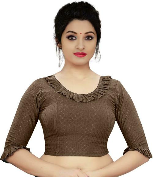 PU Fashion Women Brown Self Design Cotton Lycra Blend Blouse