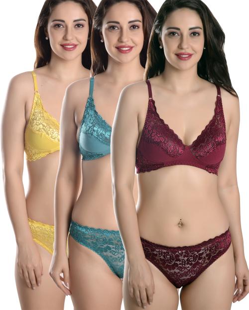 FIMS - Fashion is my style Women Multicolor Floral Cotton Blend Pack Of 3 Bra & Panty Set