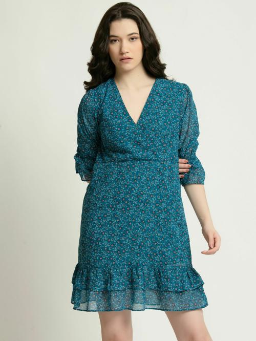 June 9 Clothing Women's Flirtatious Floral Teal Chiffon Short Mini Dress