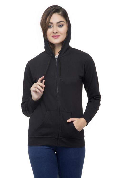 Lambency Black Cotton Blend Solid Hooded Sweatshirt