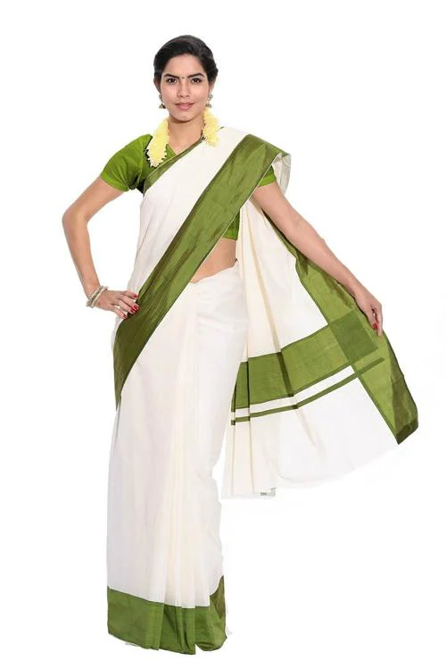 Fashionkiosks Women Pure Cotton Kerala Kasavu Saree With Matching Blouse Piece