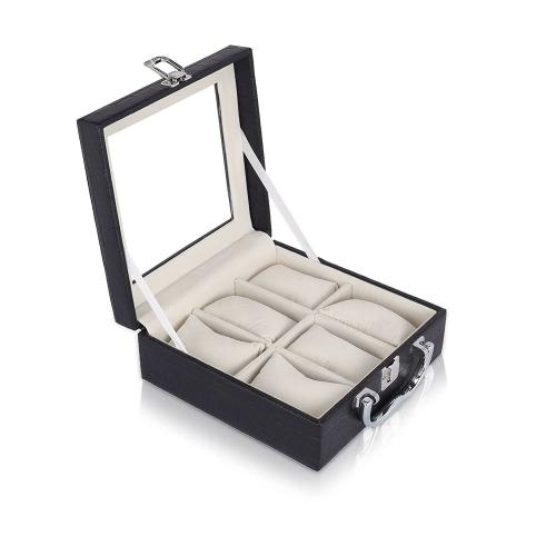 Sinaea 6 Slots Black Rectangular Faux Leather And Glass Durable, Portable Watch Case Organizer For Men, Women