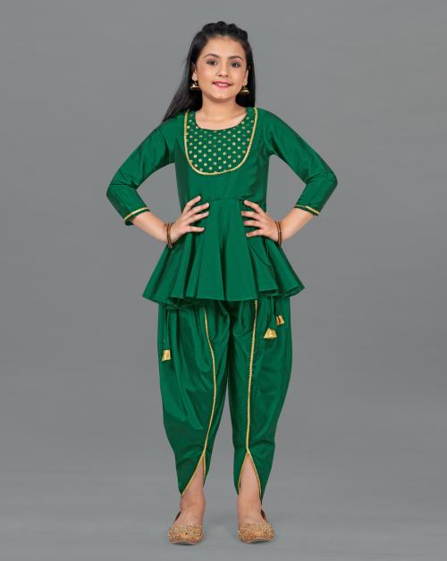 Fashion Dream Girls Green Foil Printed Taffeta Peplum Kurta And Dhoti Set | Girls Ethinc Set | Kids Wear | Ethnic Wear
