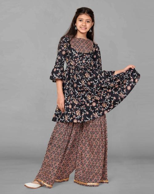 Fashion Dream Girls Navy Blue Floral Printed Cotton Kurta And Sharara Set | Girls Ethinc Set | Kids Wear | Ethnic Wear