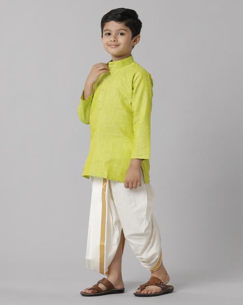 Ramraj Cotton Boys Fantastic Green Kurta with panchakacham Set