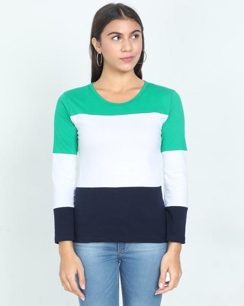 Flexima Womens Pakistan Green,White and Navy Blue Color Block Full Sleeve Tshirts