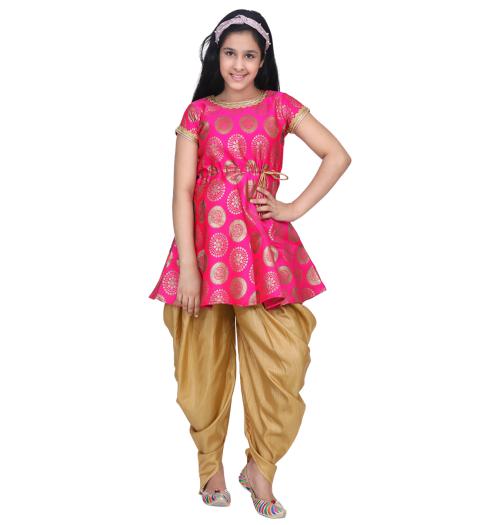 Aj Dezines Pink Girls Brocade Silk Blend Printed Top and Patiala Set for Kids