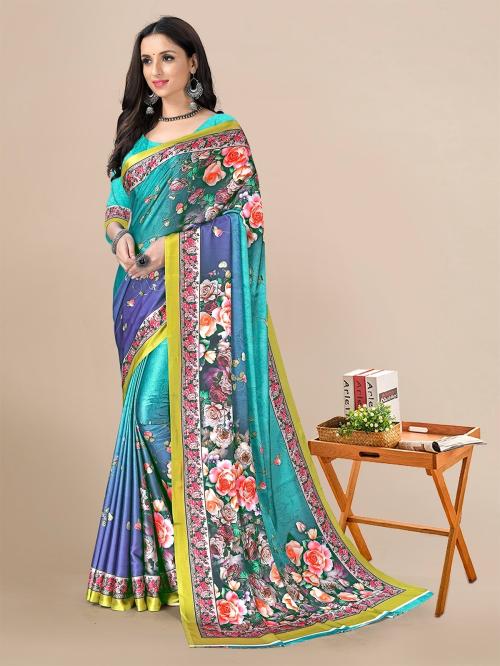Rekha Maniyar Women Satin Crape Blue Color Digital Floral& Graphic Printed Saree