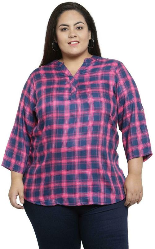 Pluss Women Blue, Pink Checkered Polyester Casual Regular Sleeve Top