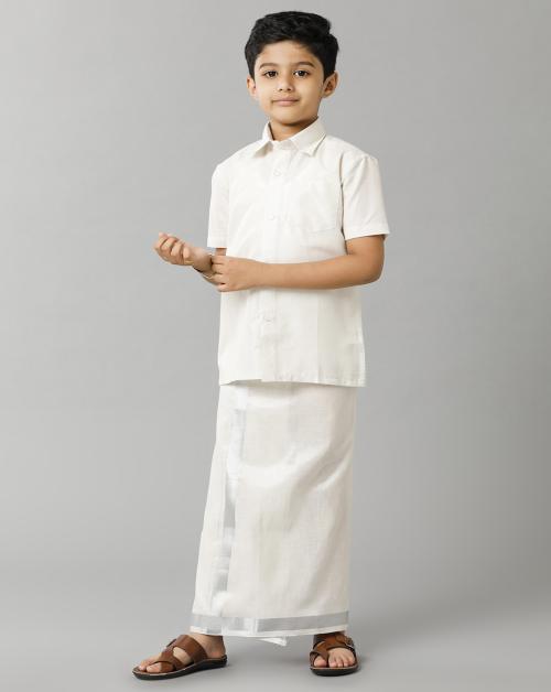 Ramraj Cotton Boys Silver Color Tissue Shirt and Dhoti