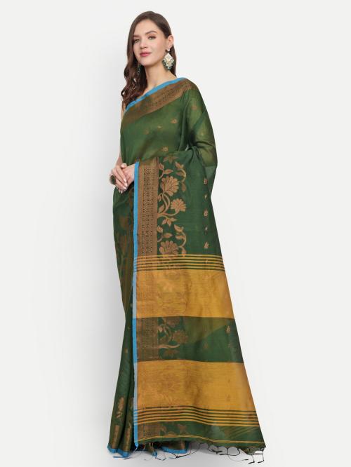 Abrita Saree Handloom Bengal Handloom JORI BORDER SAREE (DEEP GREEN)