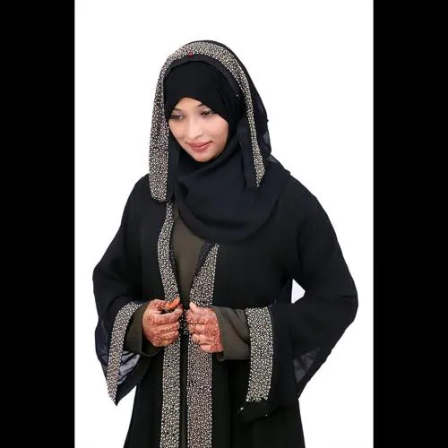 KAINU WORLD Women's Nida Fabric Stylish Jacket Pattern Diamond work Burqa with Hijab (Olive Green, DA002N)