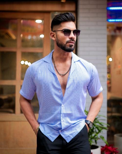 ROYALTAIL MANFINITY MEN BLUE STRIPED PRINT SUPER SOFT PREMIUM CUBAN COLLAR HALF SLEEVE SHIRT